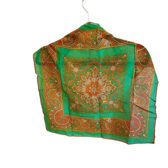 Daniel la Foret Scarf, square green and red patterned - Picture 2 of 4